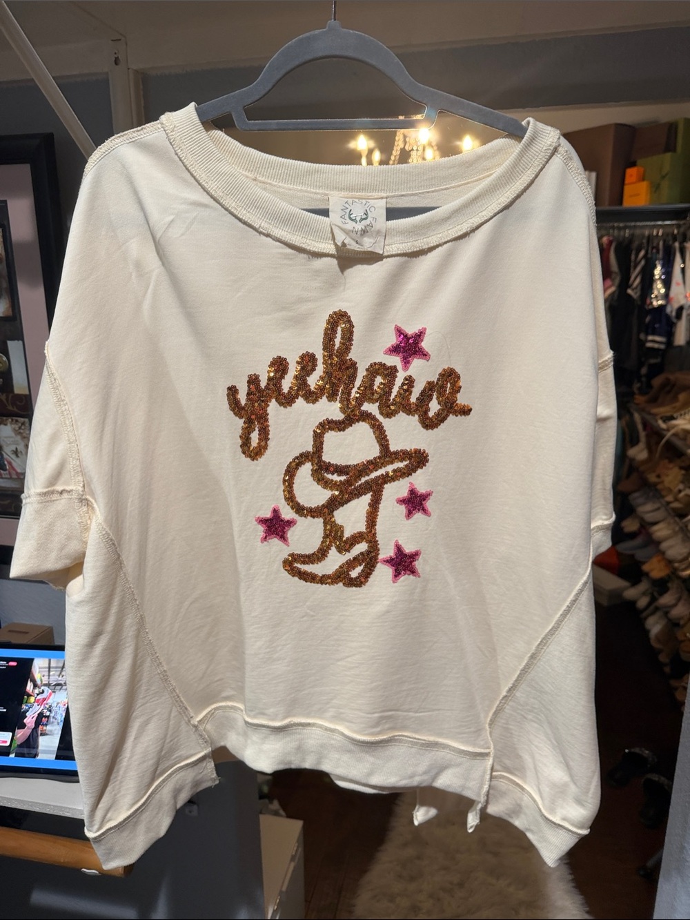 Fantastic Fawn Cream Crop Sweatshirt with Sequin 'Yeehaw' & Pink Stars